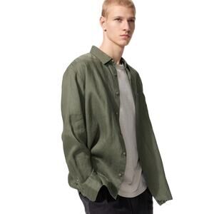 Uniqlo Green Linen Button Down Shirt Large Preppy Resortwear Beach Lightweight